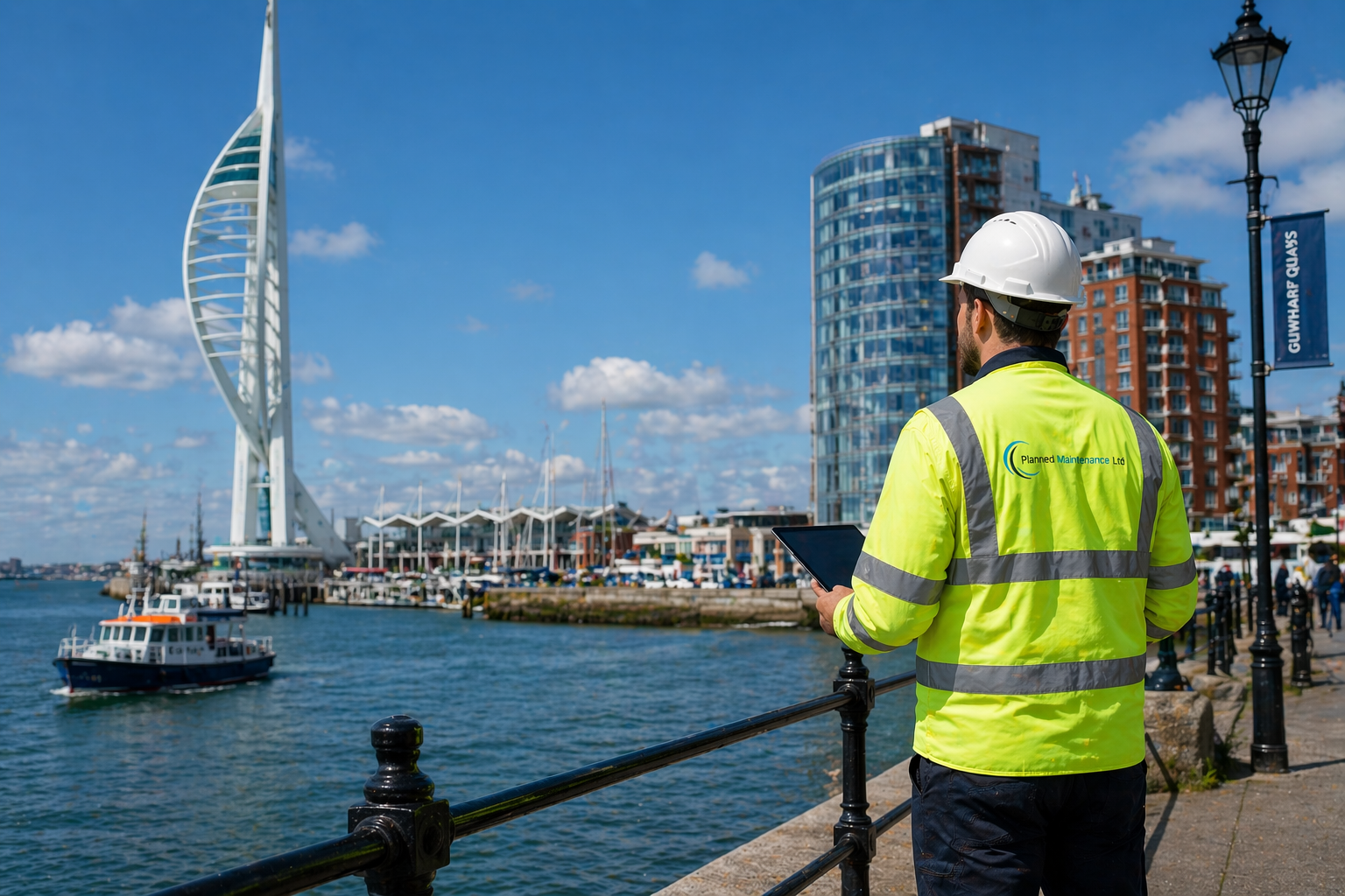 Commercial maintenance contractor overlooking Portsmouth business district 